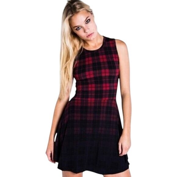 Red & Black Plaid Sleeveless Fit & Flare Dress With Gradient Ombre Skirt Design - Picture 1 of 7